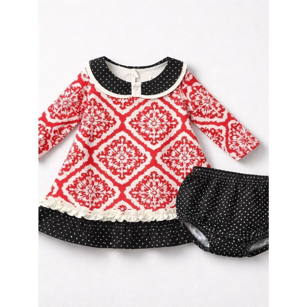 Counting Daisies red and black multi pattern 2 piece set dress NWT size 3-6 m